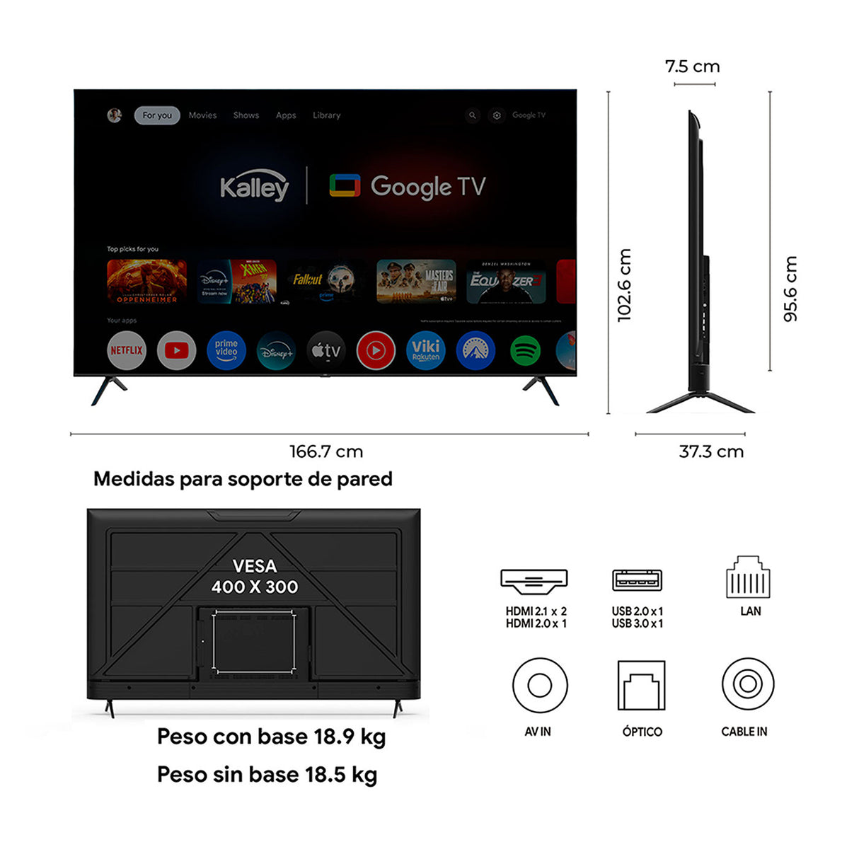 Televisor Kalley Google TV QLED Negro 4K UHD 2160P 166.7x102.6cm de 75" Pulgadas Smart con Wifi y Bluetooth