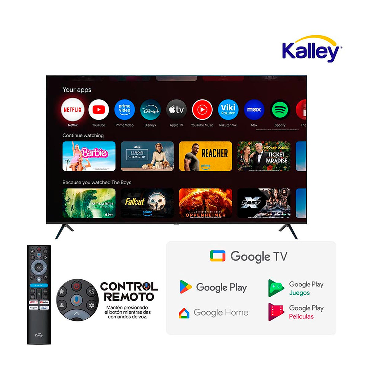 Televisor Kalley Google TV QLED Negro 4K UHD 2160P 166.7x102.6cm de 75" Pulgadas Smart con Wifi y Bluetooth