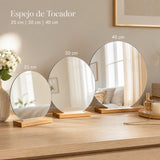 Espejo de Tocador 25x25cm Redondo con Base de Madera Color Natural