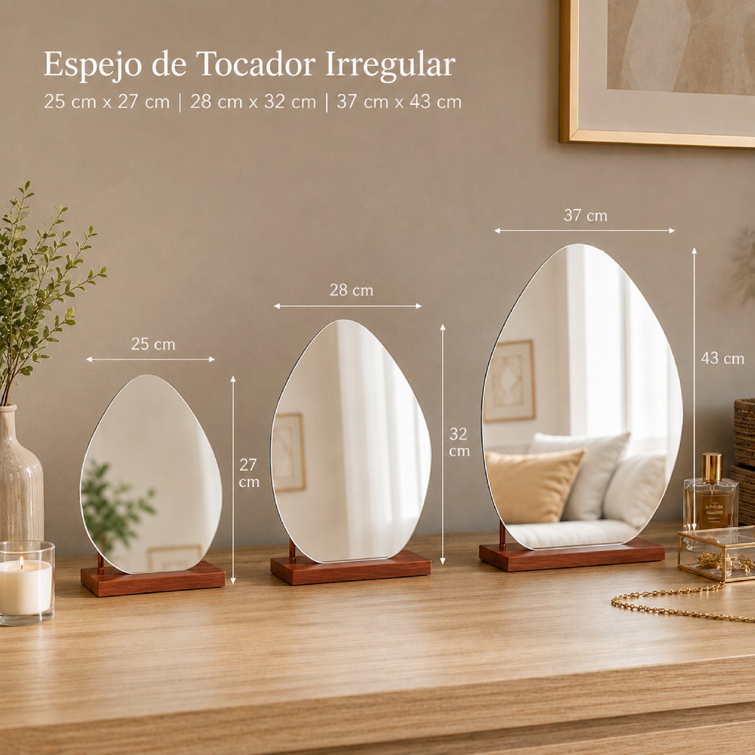 Espejo de Tocador 25x27cm Asimetrico con Base de Madera Color Caoba