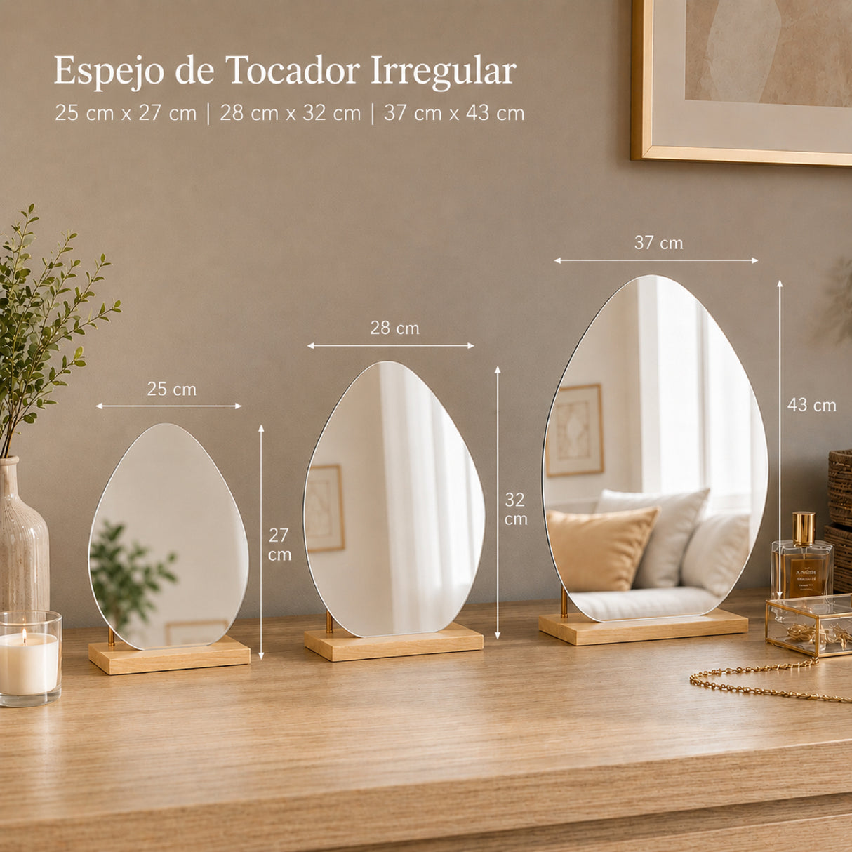 Espejo de Tocador 28x32cm Asimetrico con Base de Madera Color Natural