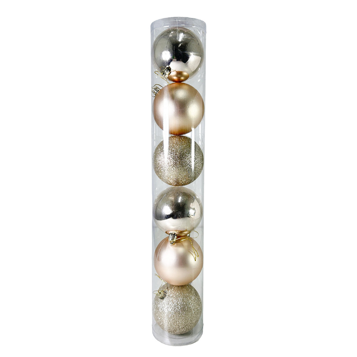 Tubo X 6 Bolas Navideñas Combinada Champaña 8x8cm con Acabado Mixto Reutilizable