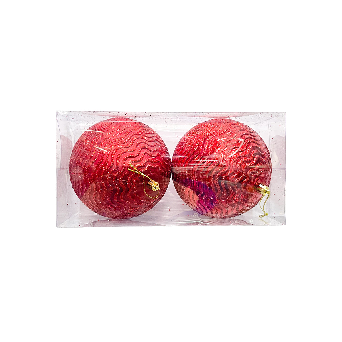 Bola Navideña X 2 Unidades Ondas Rojo 12x12cm con Acabado Brillante Reutilizable