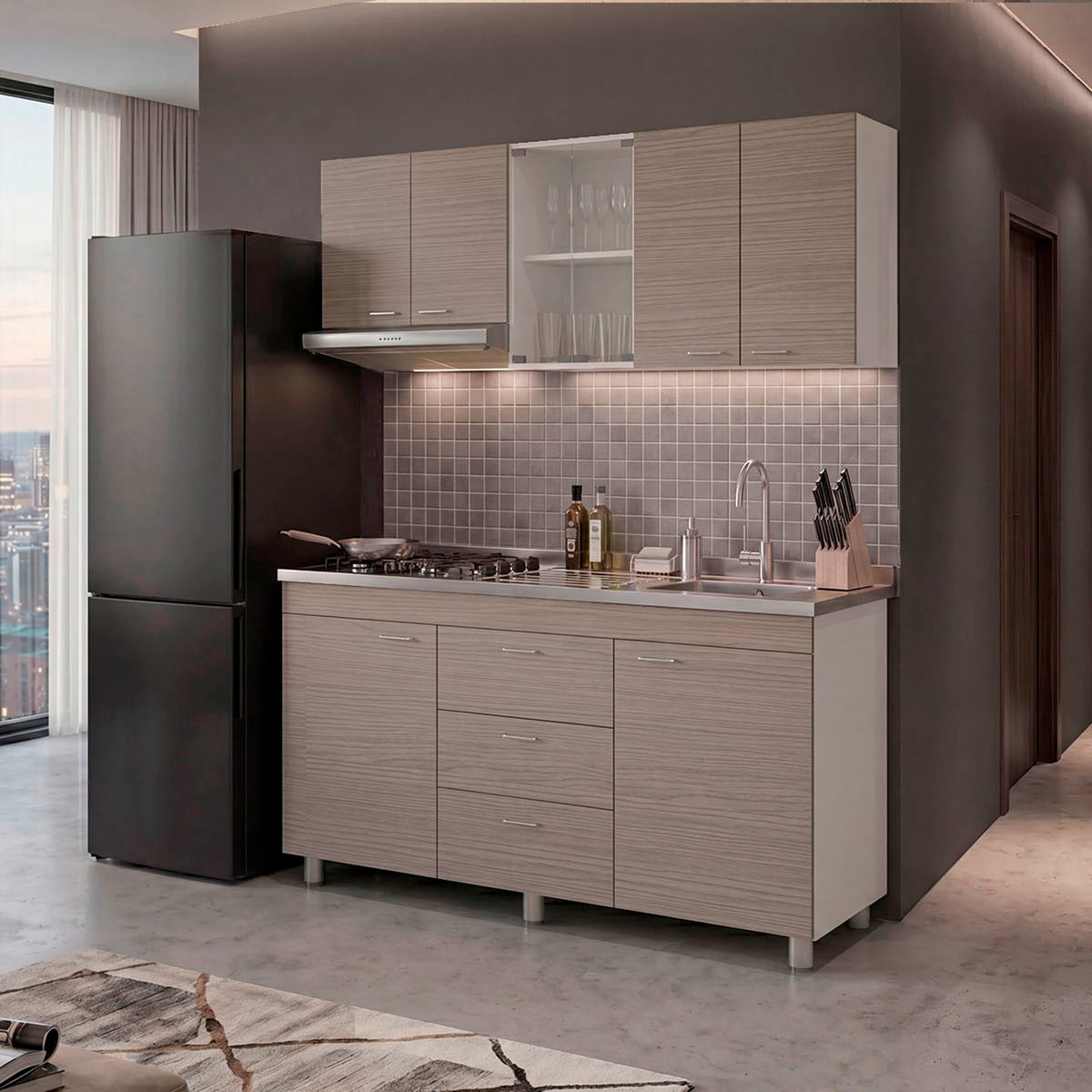 Cocina Lumina Blanco Positano 150x210cm con Mesón de Acero Inoxidable Lado Derecho y con Estufa