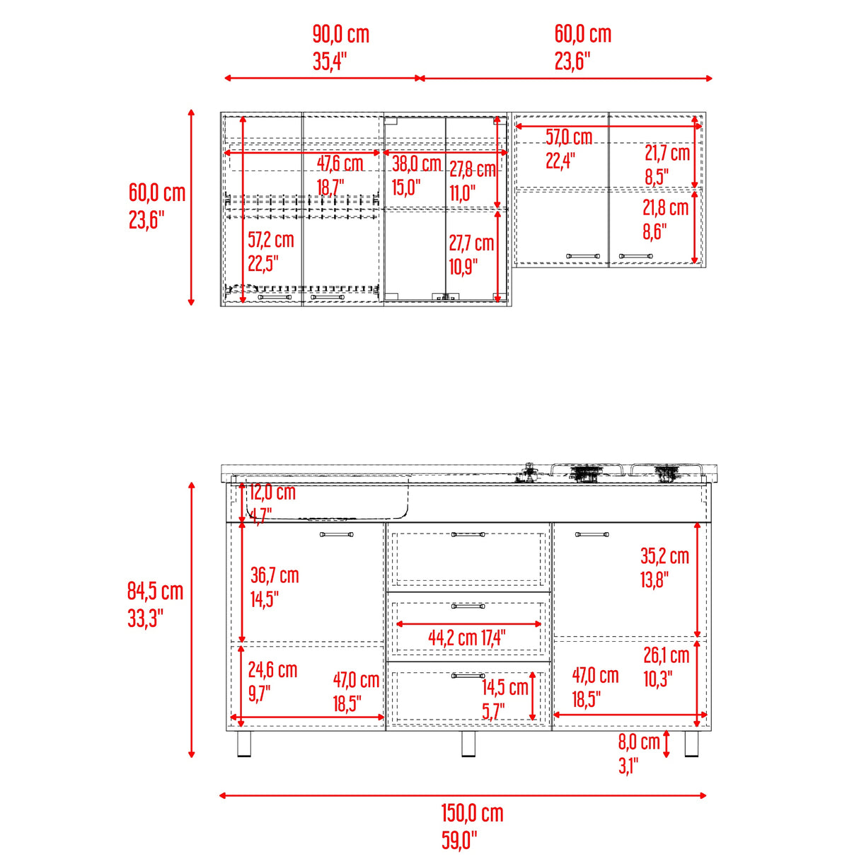 Cocina Lumina Blanco Positano 150x210cm con Mesón de Acero Inoxidable Lado Izquierda y con Estufa