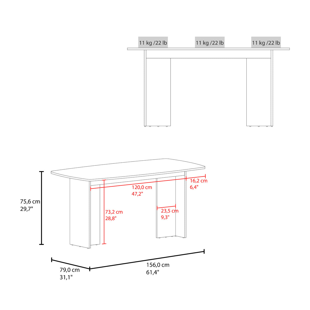 Mesa de Comedor Bangkok Positano 156x75.6cm de Cuatro Puestos sin Sillas y con Patas