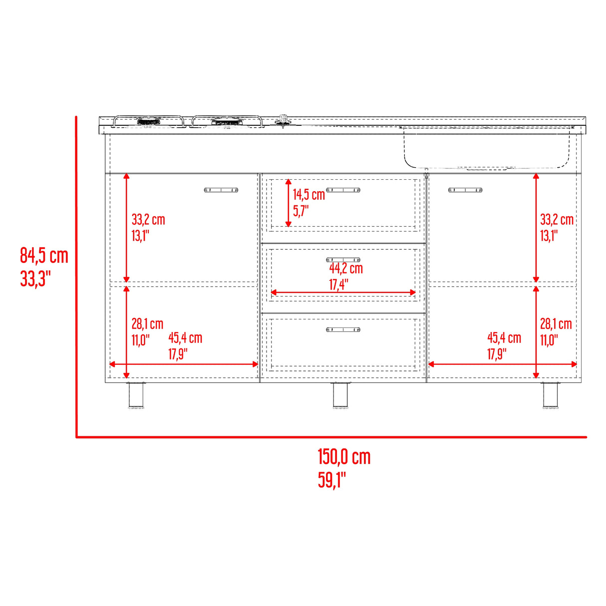 Mueble Inferior de Cocina Lumina Blanco Positano 150x84.5cm con Mesón de Acero Inoxidable Lado Derecho y con Estufa