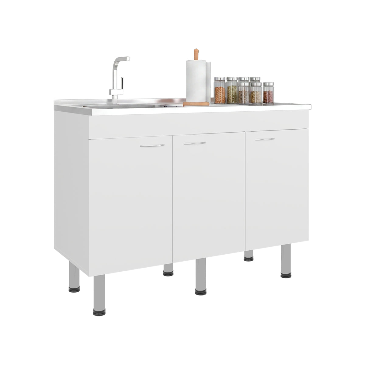 Mueble Inferior de Cocina Oceana Blanco 120x90cm con Mesón de Acero Inoxidable Lado Izquierdo y sin Estufa
