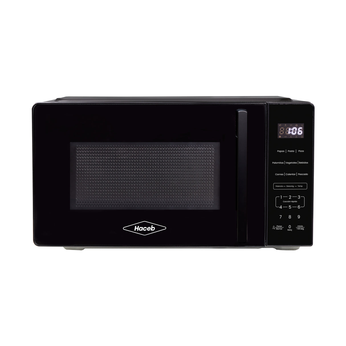 Horno Microondas Haceb de Manija Negro 44x24cm de 20 Litros 120 Voltios con Ocho Funciones Preconfiguradas