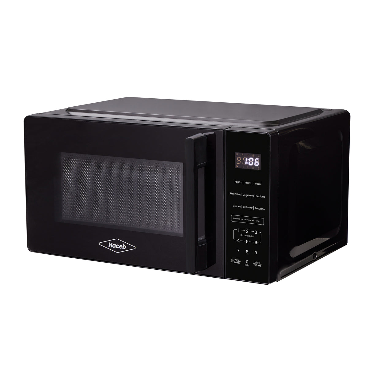 Horno Microondas Haceb de Manija Negro 44x24cm de 20 Litros 120 Voltios con Ocho Funciones Preconfiguradas