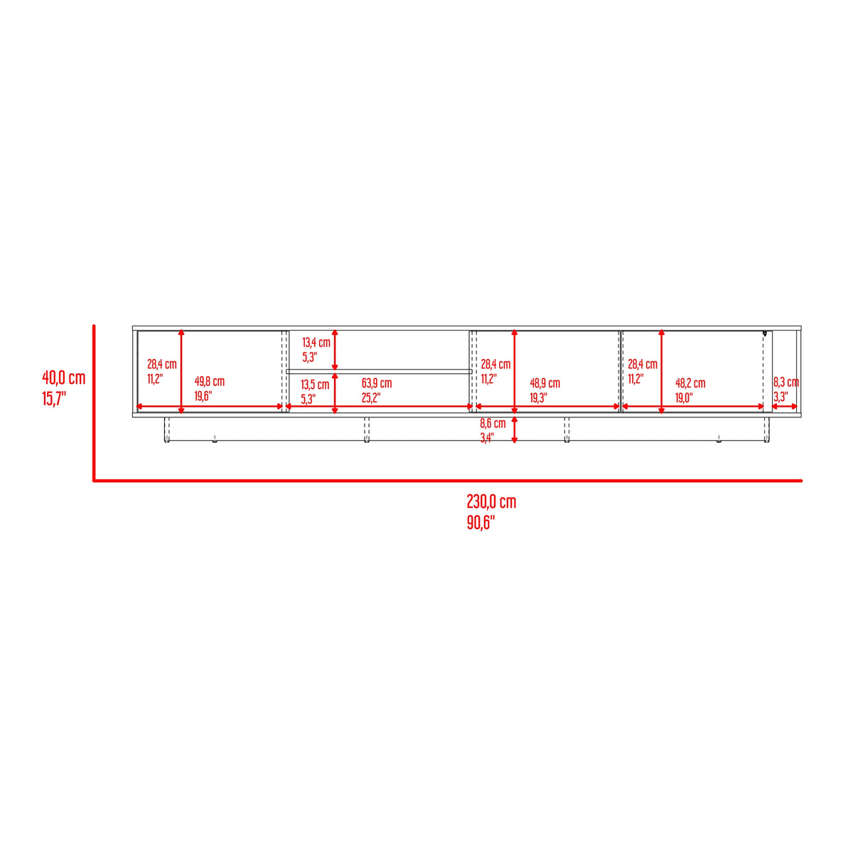 Rack de TV Maldivas Avellana y Wengue 230x40cm para TV Hasta 85" Pulgadas con Dos Compartimientos