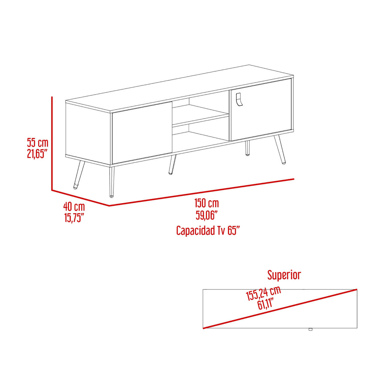 Rack de TV Funes Wengue 150x55cm para TV Hasta 65" Pulgadas con Dos Compartimientos y con Ranura para Cables