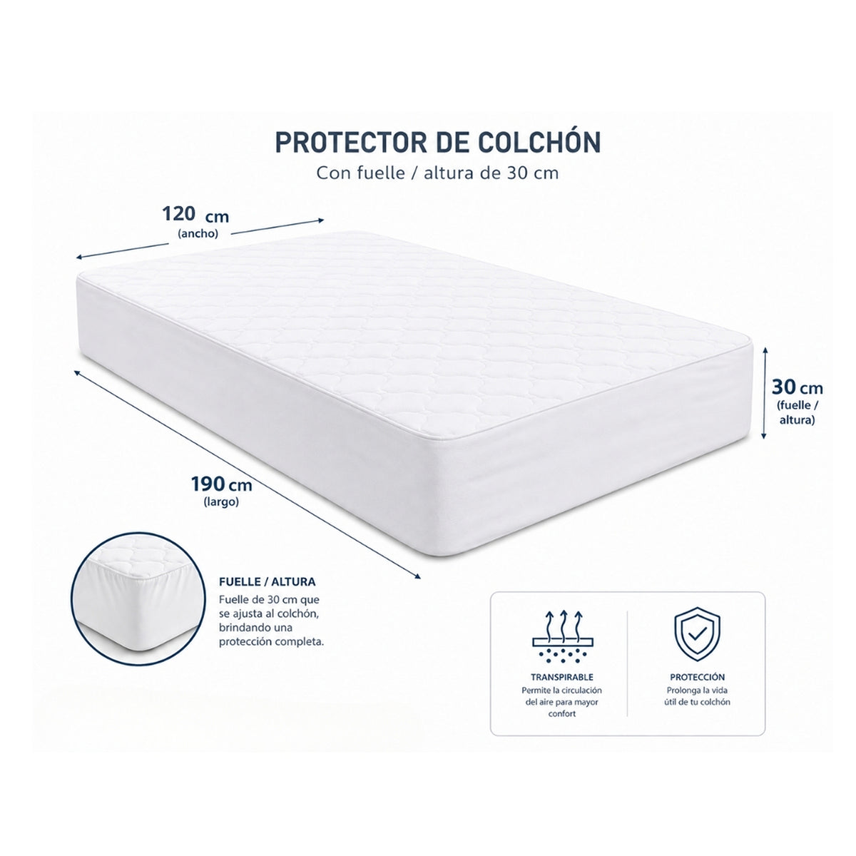 Protector de Colchón Transpirable Beige para Colchón Semidoble 120 X 190 Cm Acolchado 300 Hilos