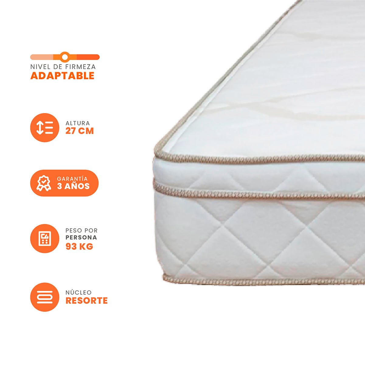 Colchón Prana Blanco y Beige Doble 140 X 190 Cm Medio Suave Hipoalergénico