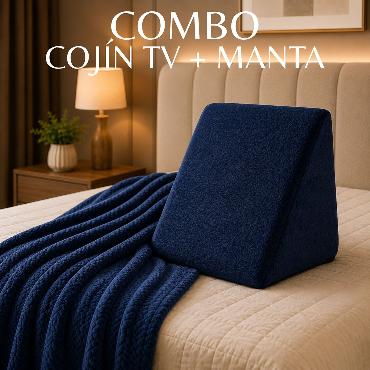 Combo Cojín TV con Cobija Azul 45x48cm Triangular Fondo Entero