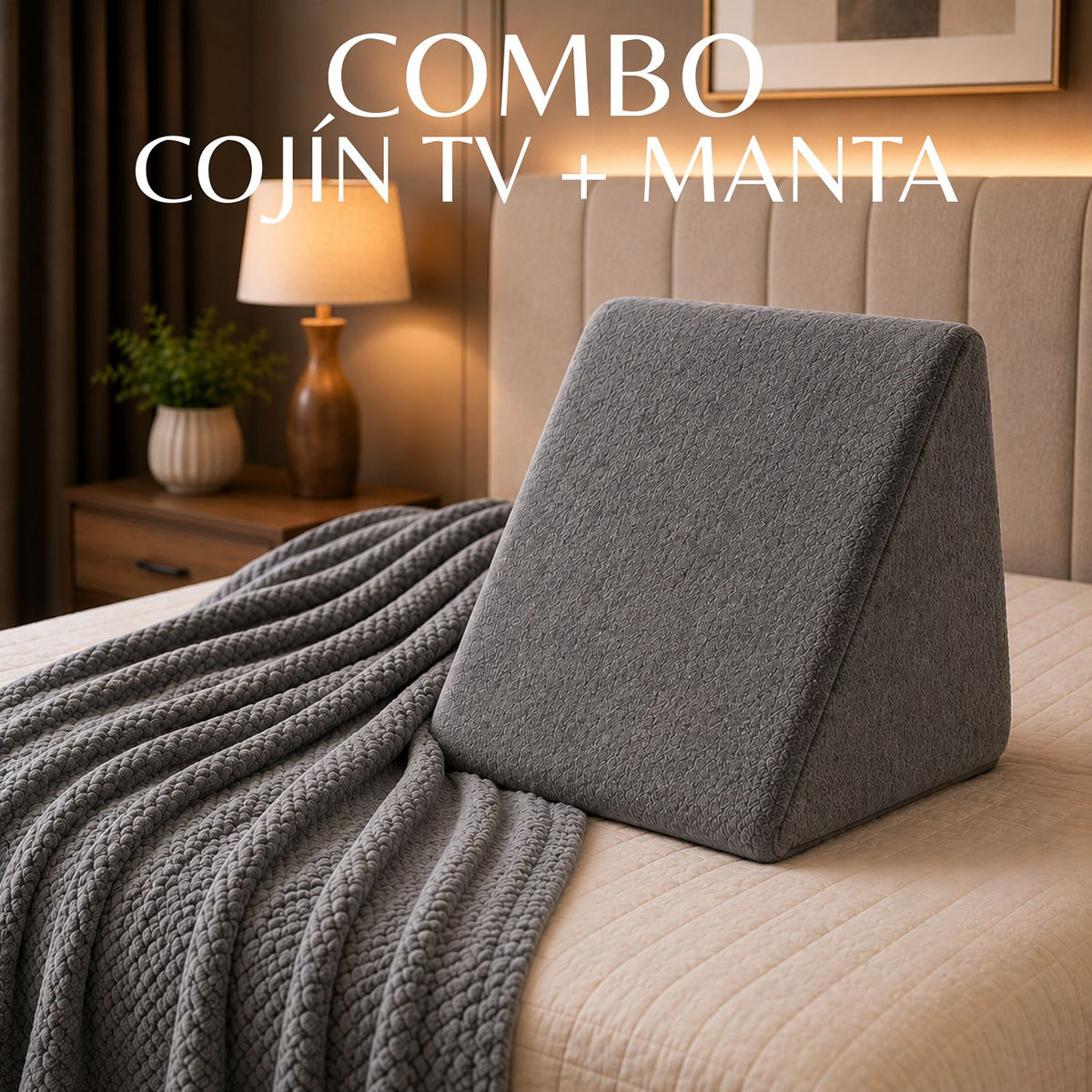 Combo Cojín TV con Cobija Gris 45x48cm Triangular Fondo Entero