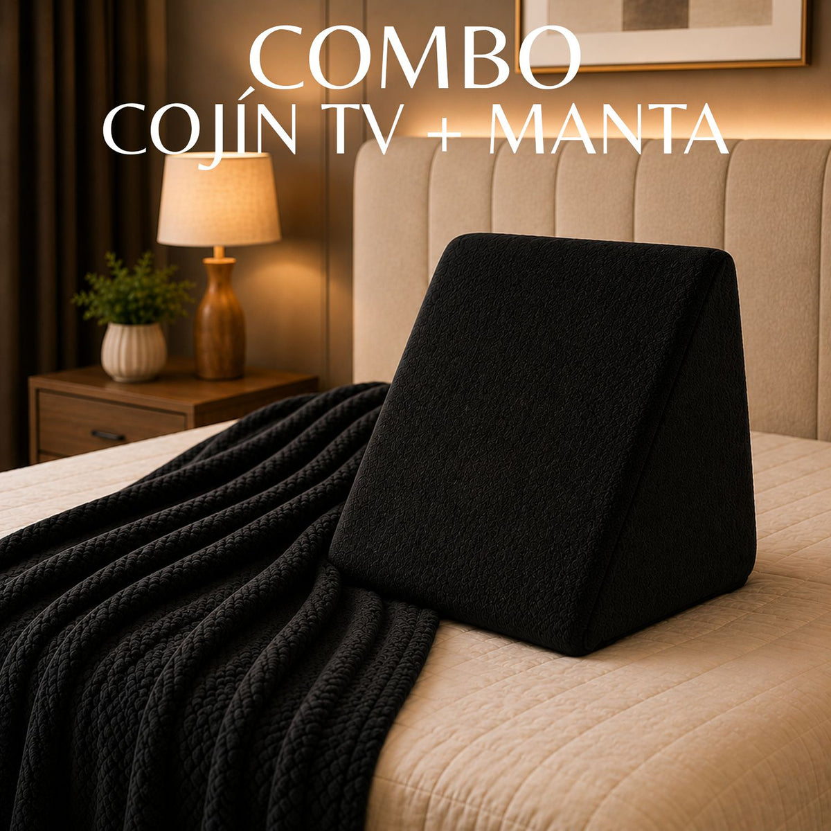 Combo Cojín TV con Cobija Negro 45x48cm Triangular Fondo Entero