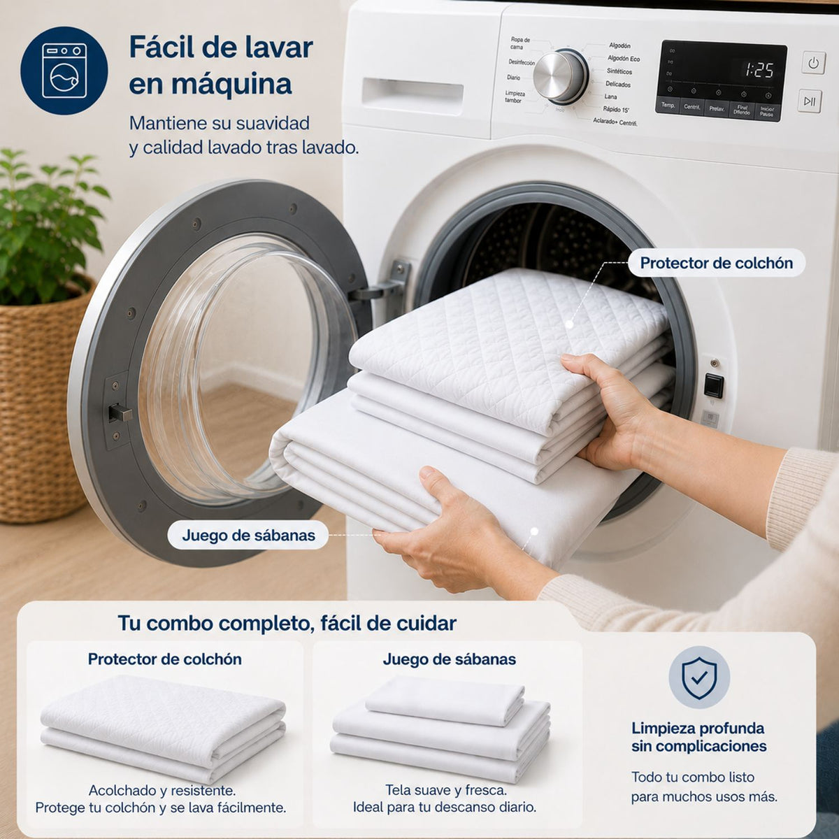 Combo Protector de Colchón y Juego de Sábanas Blanco para Colchón Sencillo 100 X 190 Cm