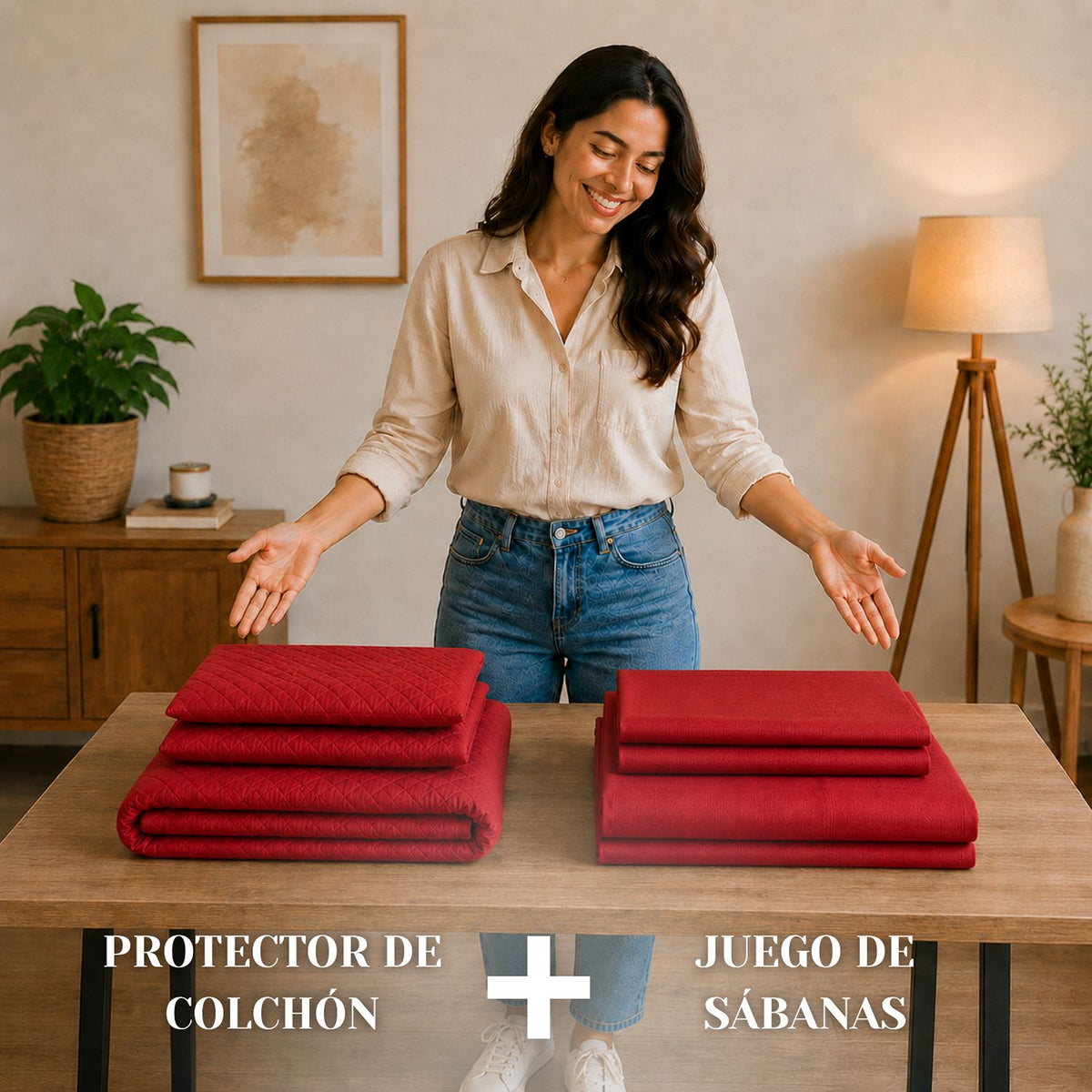 Combo Protector de Colchón y Juego de Sábanas Rojo para Colchón Sencillo 100 X 190 Cm
