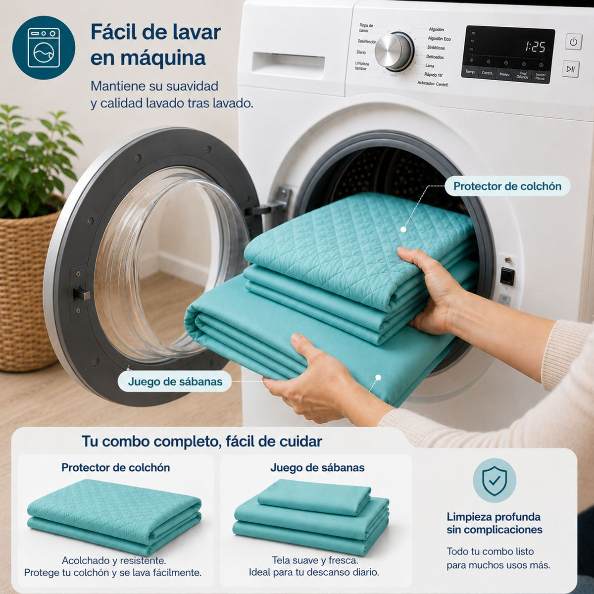 Combo Protector de Colchón y Juego de Sábanas Turquesa para Colchón Sencillo 100 X 190 Cm
