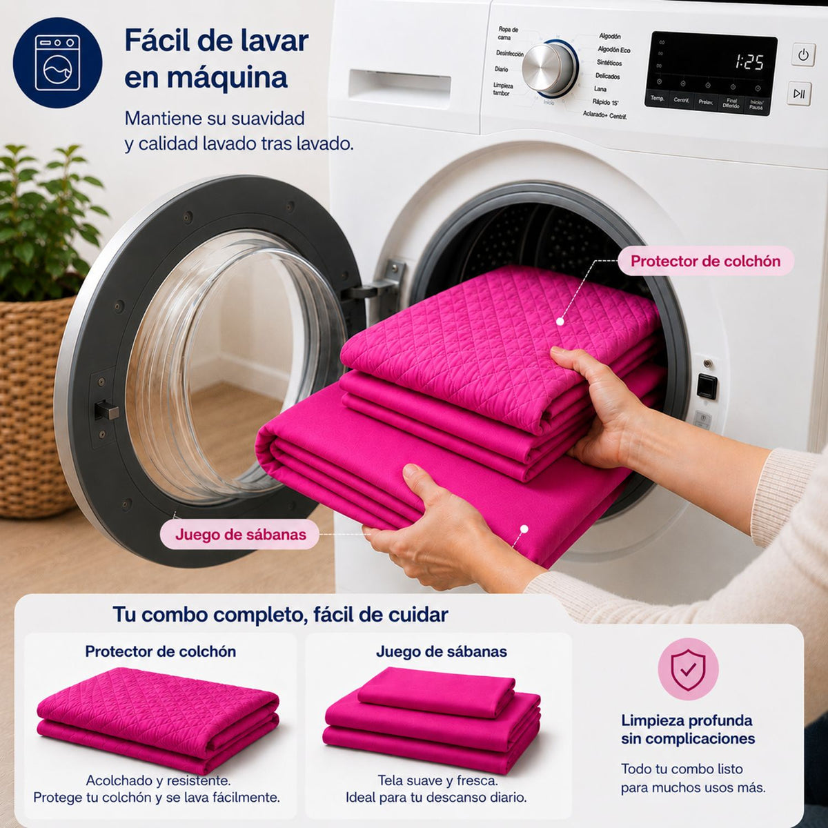 Combo Protector de Colchón y Juego de Sábanas Fucsia para Colchón Doble 140 X 190 Cm
