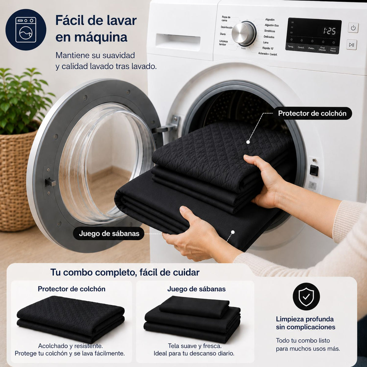 Combo Protector de Colchón y Juego de Sábanas Negro para Colchón Doble 140 X 190 Cm