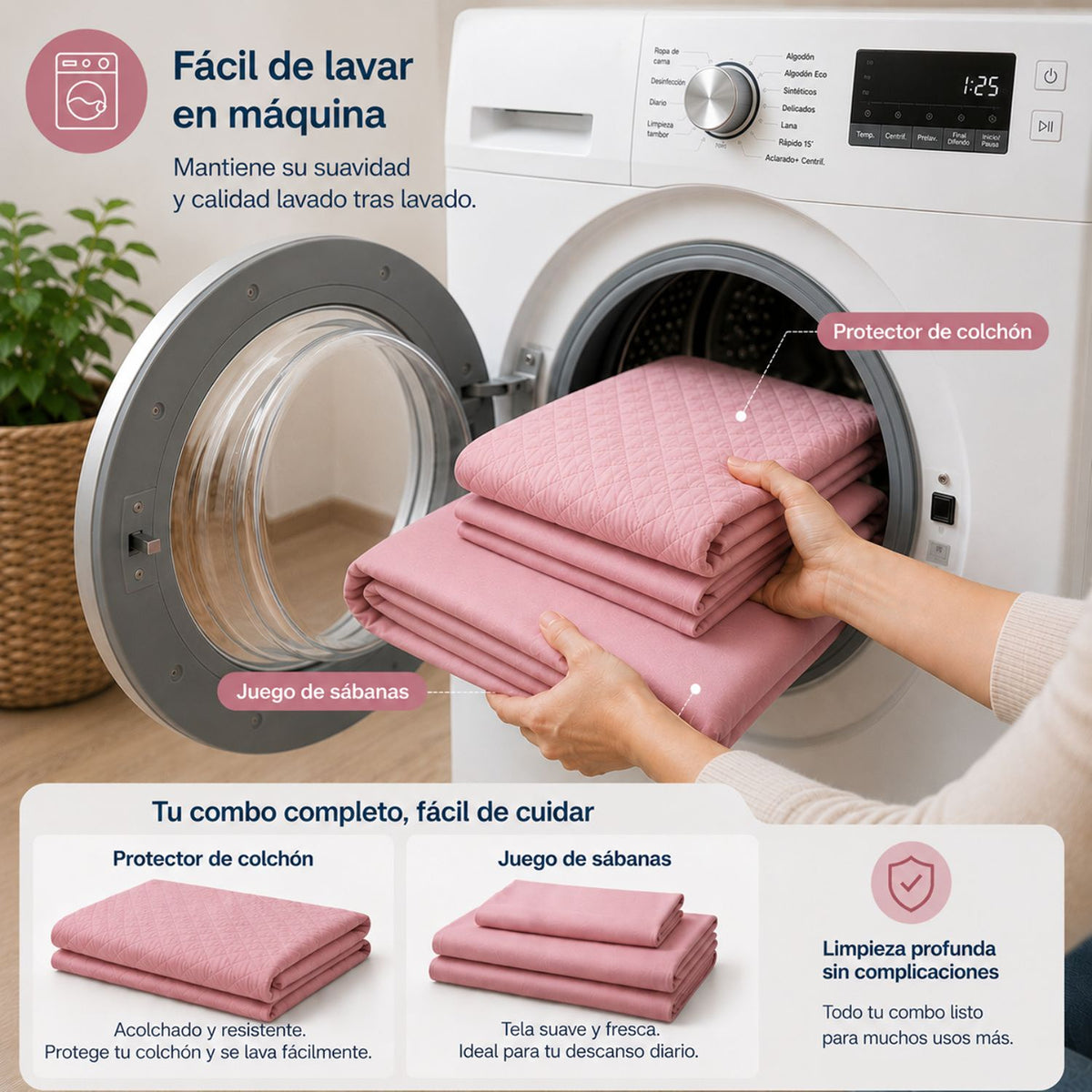 Combo Protector de Colchón y Juego de Sábanas Rosado para Colchón Doble 140 X 190 Cm