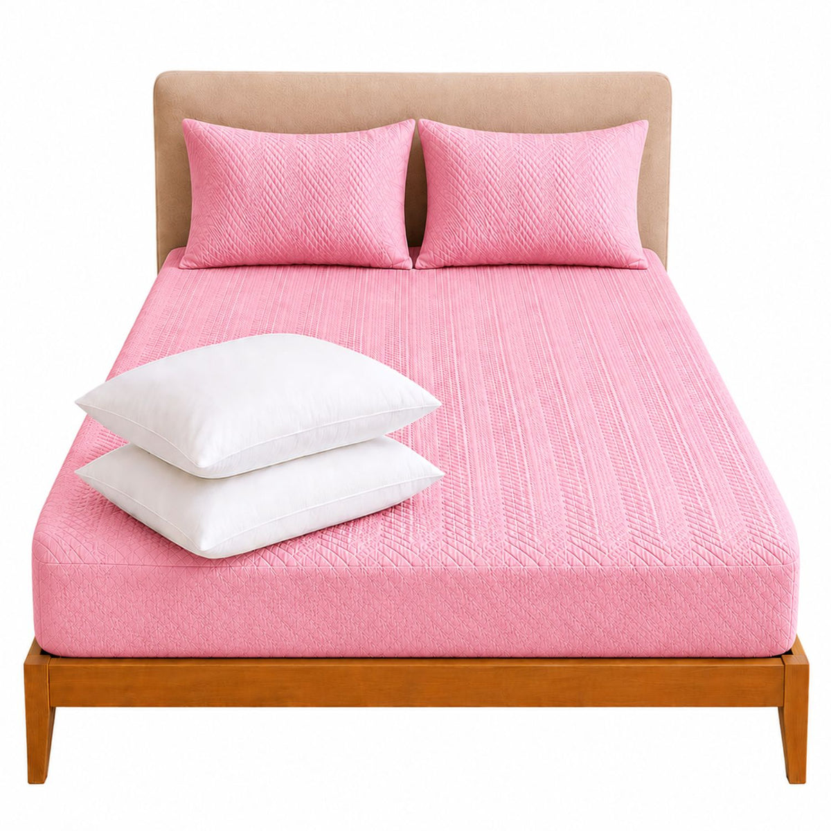 Combo Protector de Colchón y Almohadas Siliconada Rosado para Colchón Sencillo 100 X 190 Cm