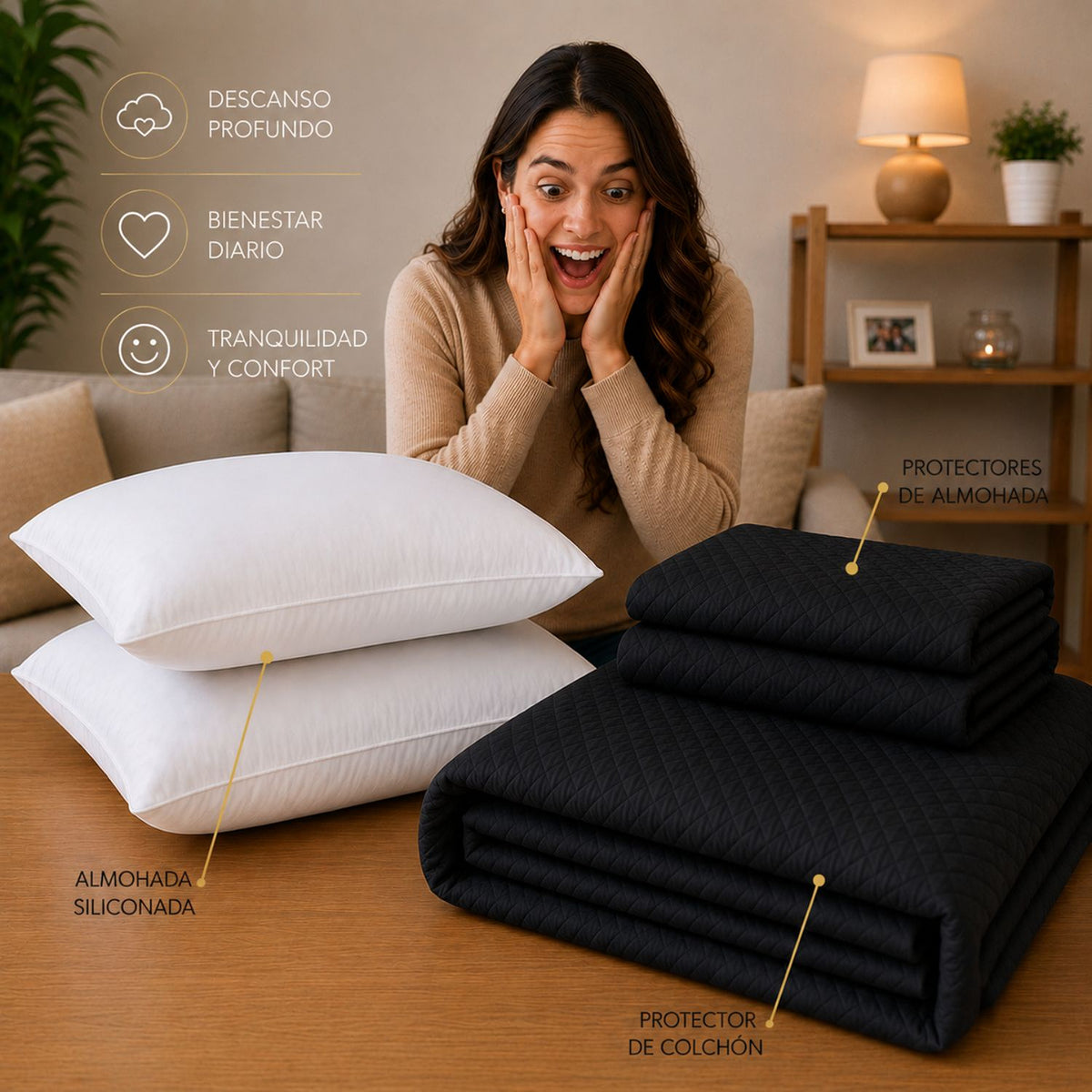 Combo Protector de Colchón y Almohadas Siliconada Negro para Colchón Semidoble 120 X 190 Cm