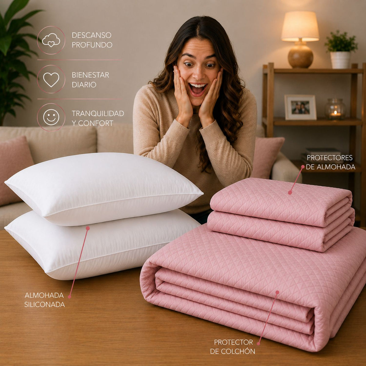 Combo Protector de Colchón y Almohadas Siliconada Rosado para Colchón Semidoble 120 X 190 Cm