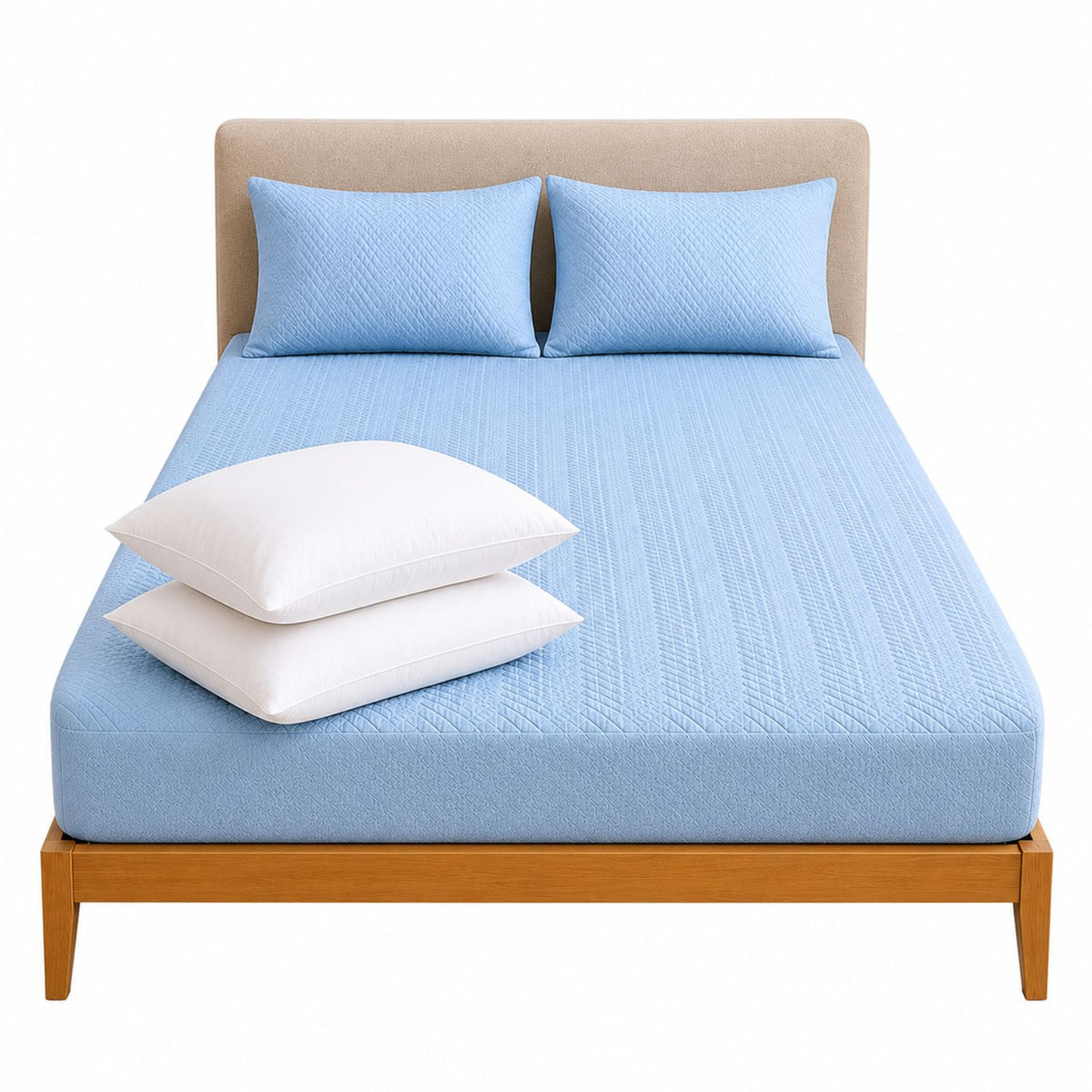 Combo Protector de Colchón y Almohadas Siliconada Azul Celeste para Colchón Doble 140 X 190 Cm