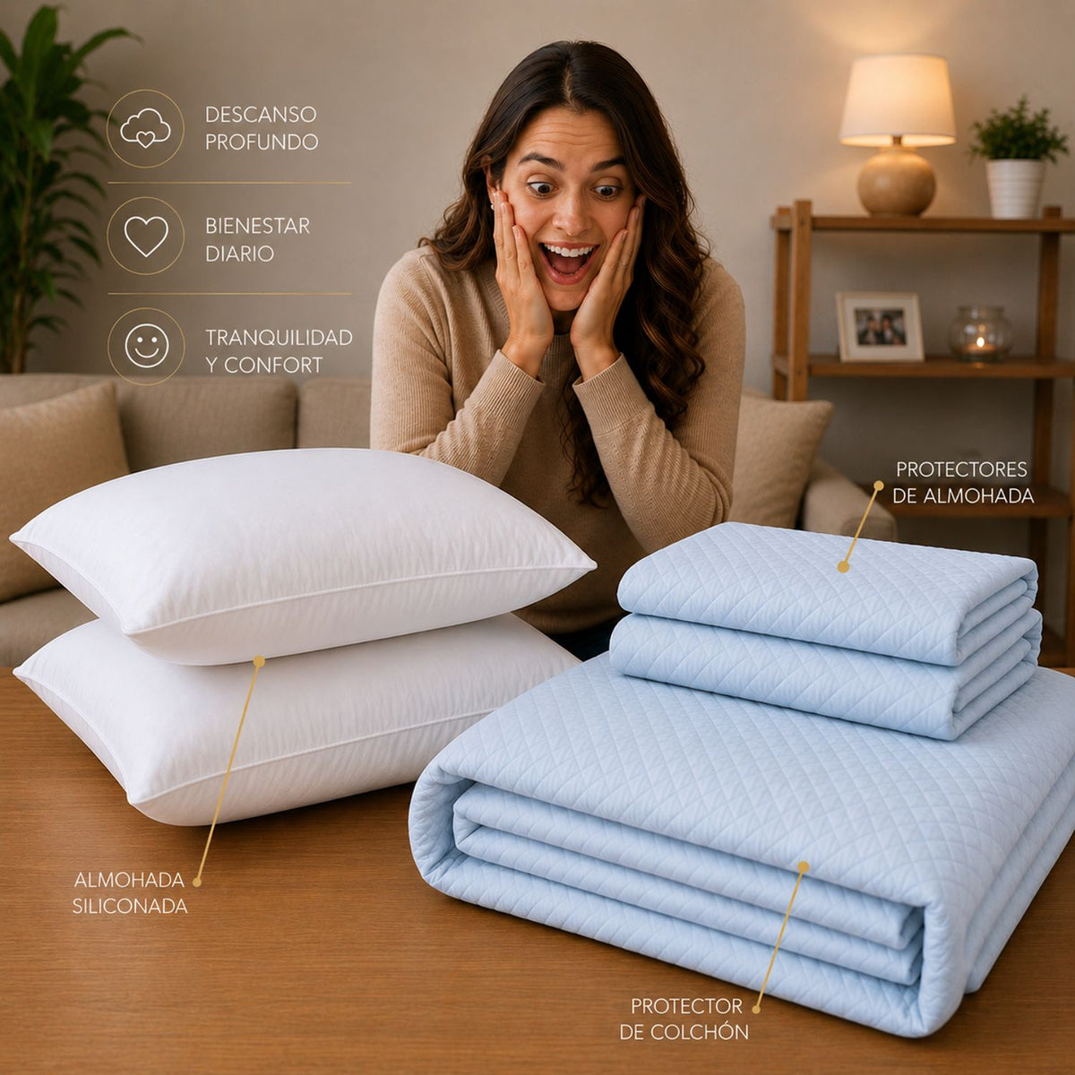 Combo Protector de Colchón y Almohadas Siliconada Azul Celeste para Colchón Doble 140 X 190 Cm