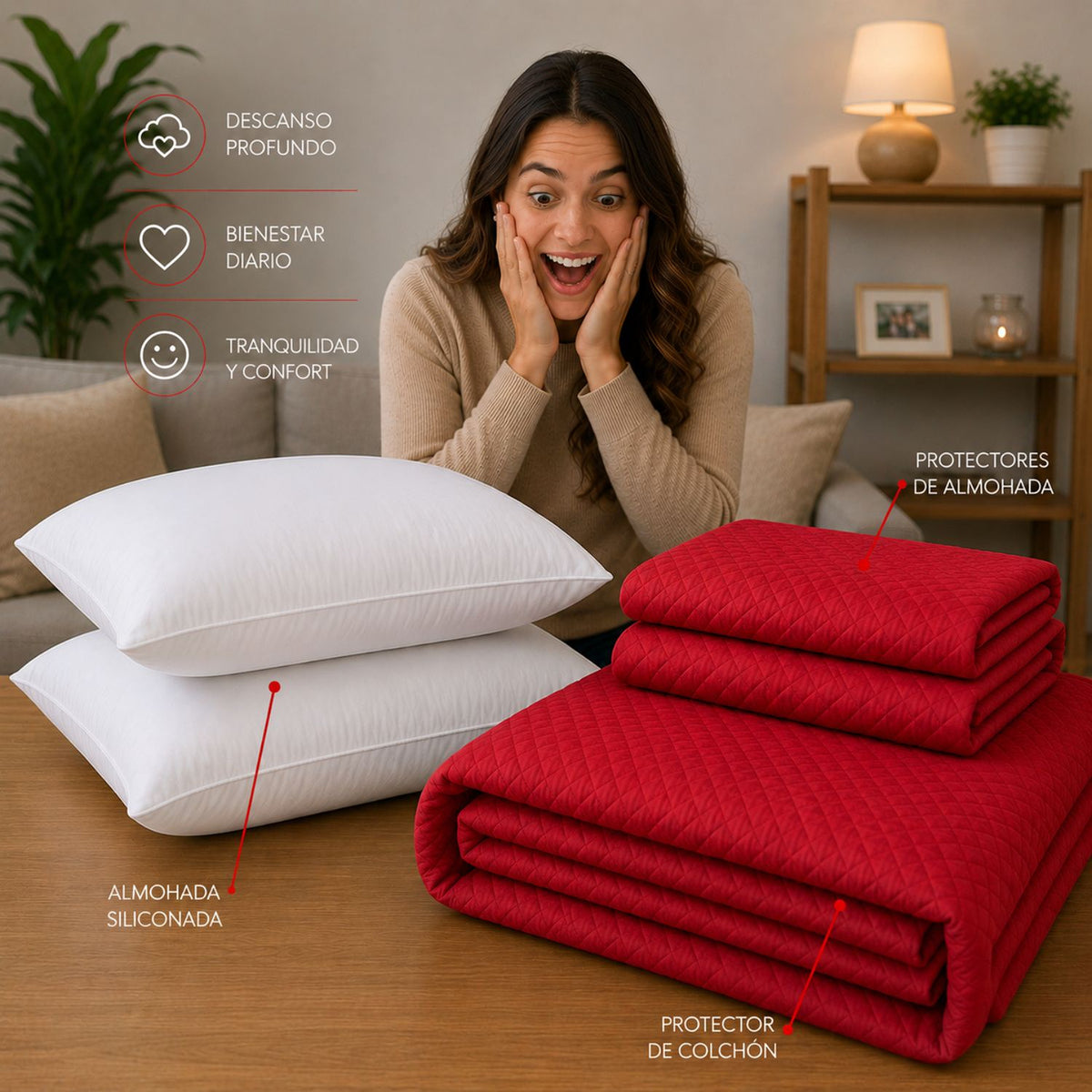 Combo Protector de Colchón y Almohadas Siliconada Rojo para Colchón Doble 140 X 190 Cm