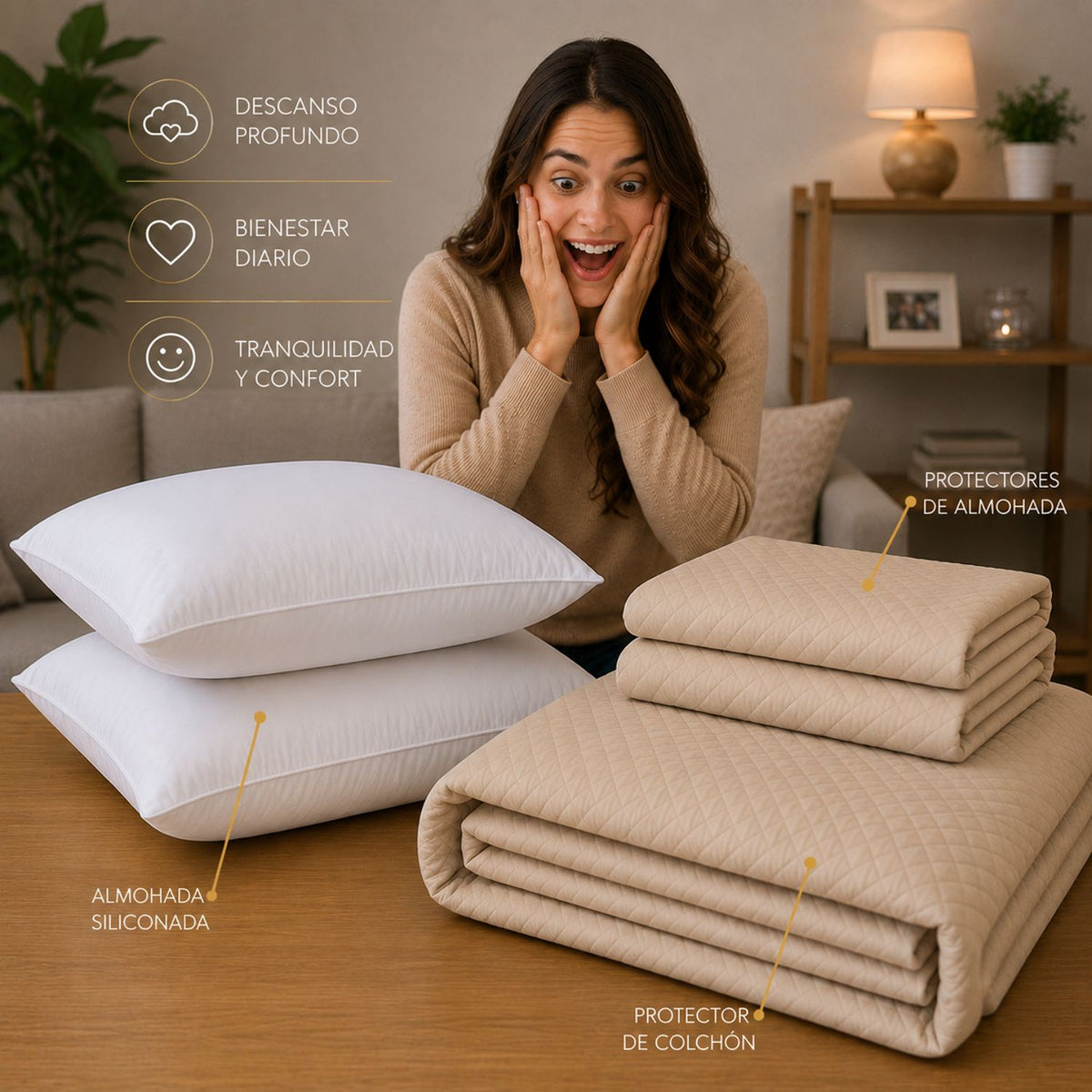 Combo Protector de Colchón y Almohadas Siliconada Beige para Colchón Queen 160 X 190 Cm