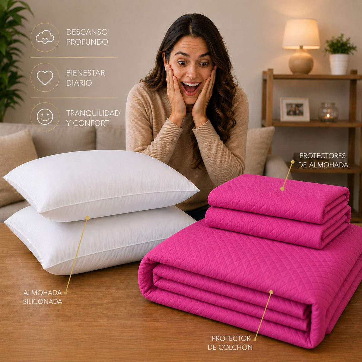 Combo Protector de Colchón y Almohadas Siliconada Fucsia para Colchón Queen 160 X 190 Cm