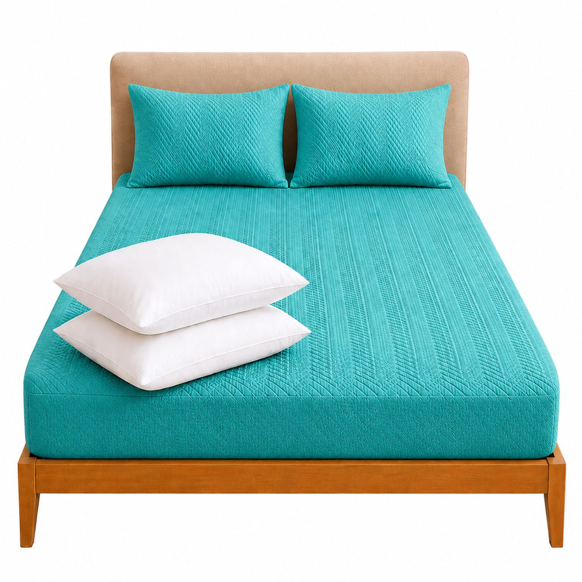 Combo Protector de Colchón y Almohadas Siliconada Turquesa para Colchón Queen 160 X 190 Cm