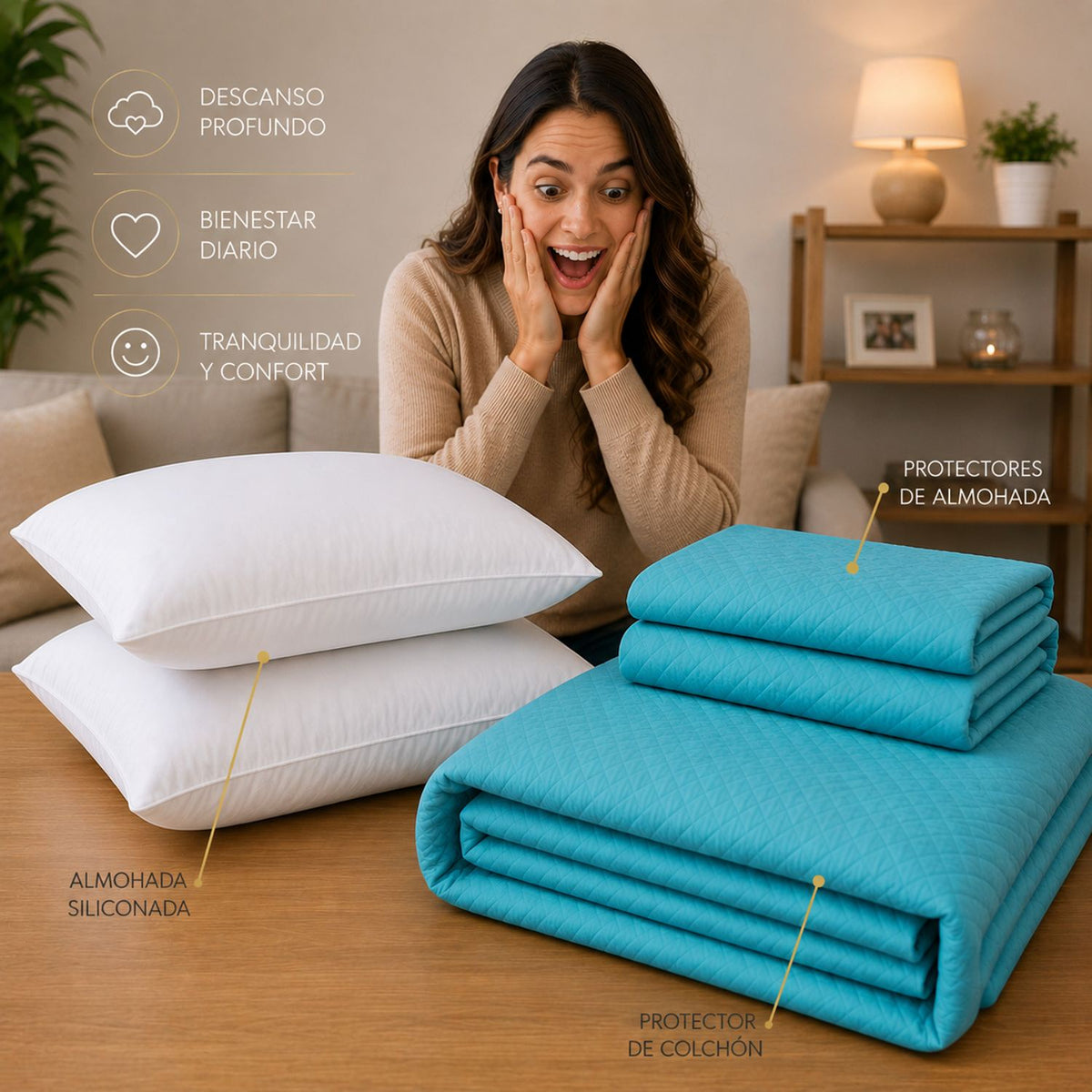 Combo Protector de Colchón y Almohadas Siliconada Turquesa para Colchón King 200 X 200 Cm