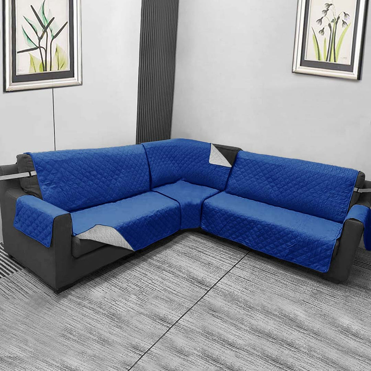 Protector de Sofá en L Azul y Gris 120x180cm Para Sofás de Cinco Puestos Doble Faz con Ajuste Libre