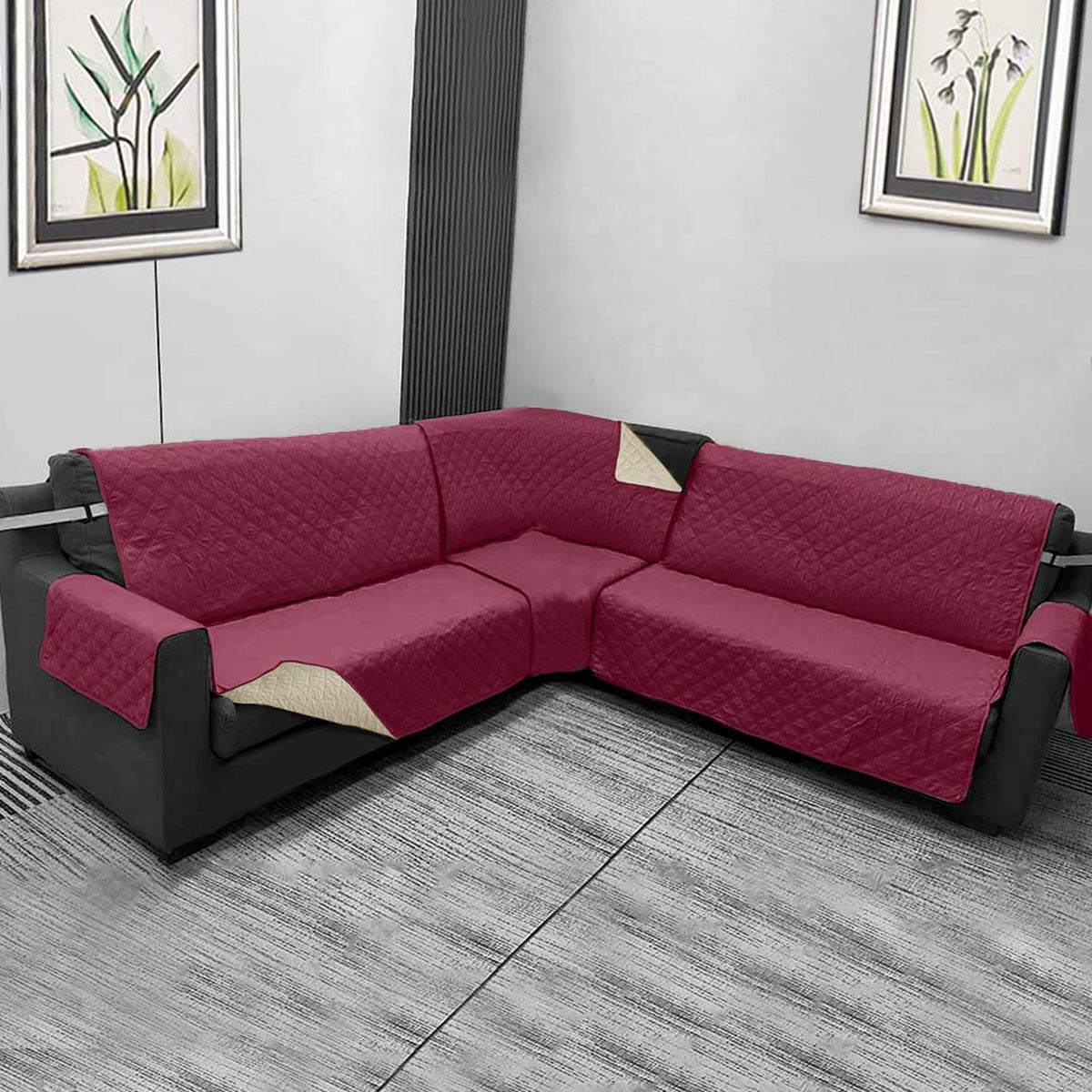 Protector de Sofá en L Vinotinto y Camel 120x180cm Para Sofás de Cinco Puestos Doble Faz con Ajuste Libre