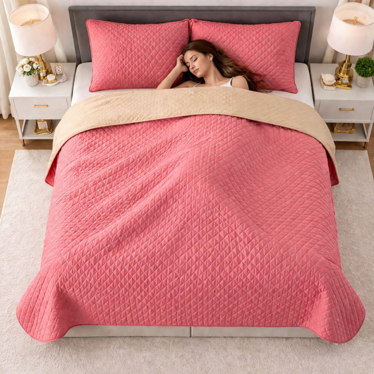 Colcha Doble Faz Camel y Palo de Rosa 260x230cm para Colchón King 200 X 200 Cm Sin Acolchado Sin Relleno Fondo Entero