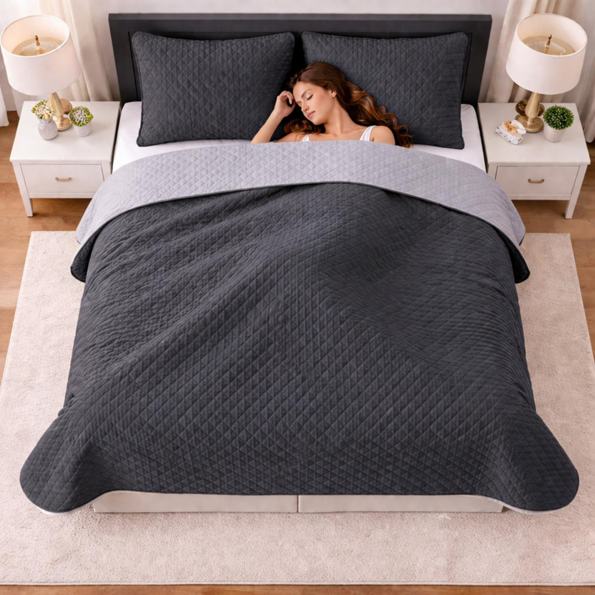 Colcha Doble Faz Gris y Gris Oscuro 200x220cm para Colchón Doble 140 X 190 Cm Sin Acolchado Sin Relleno Fondo Entero