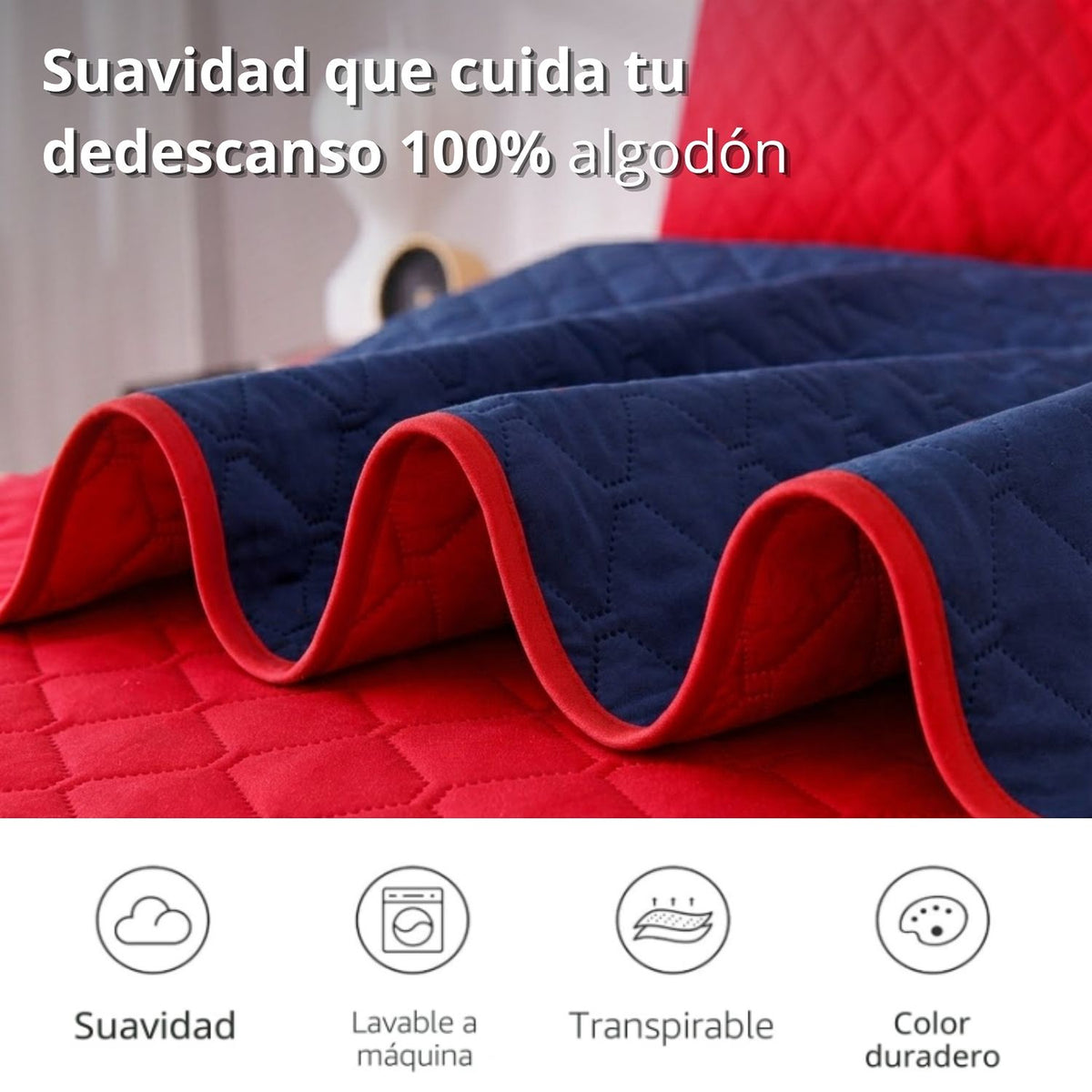 Colcha Doble Faz Rojo y Azul 200x220cm para Colchón Doble 140 X 190 Cm Sin Acolchado Sin Relleno Fondo Entero
