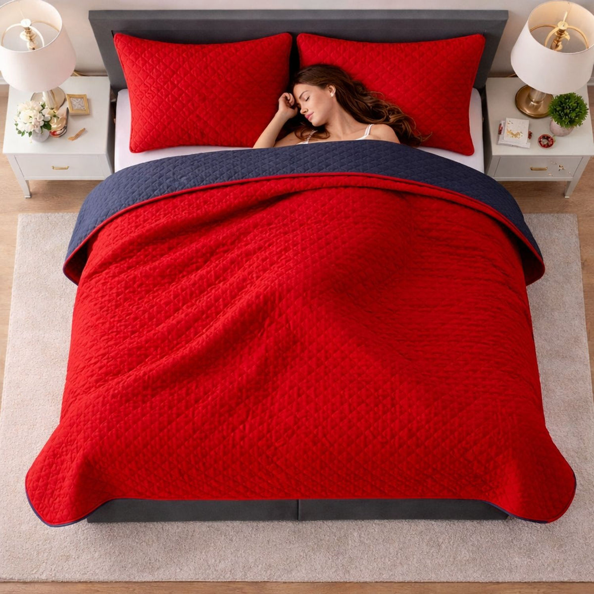 Colcha Doble Faz Rojo y Azul 200x220cm para Colchón Doble 140 X 190 Cm Sin Acolchado Sin Relleno Fondo Entero