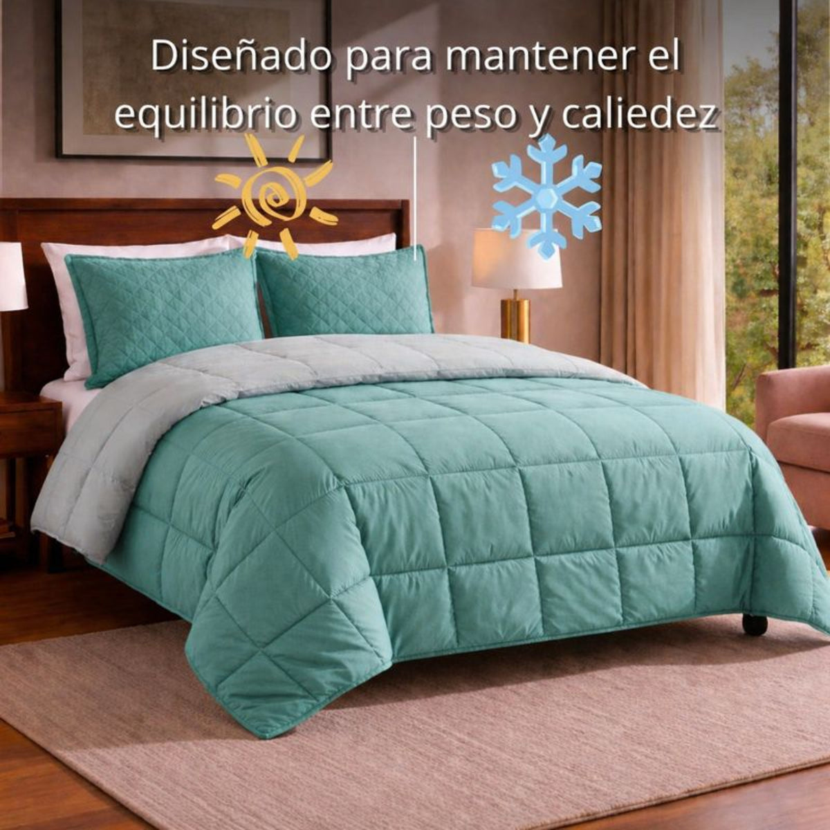 Edredon Doble Faz Verde y Gris 260x230cm para Colchón King 200 X 200 Cm Semiacolchado Sin Relleno Fondo Entero