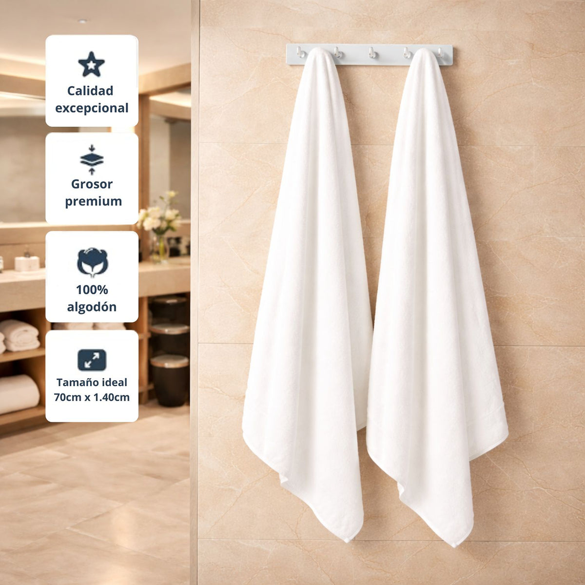 Toalla de Cuerpo Hotelera Blanco 140x70cm Fondo Entero Medio Suave 500gr con Secado Rápido y Alta Absorción