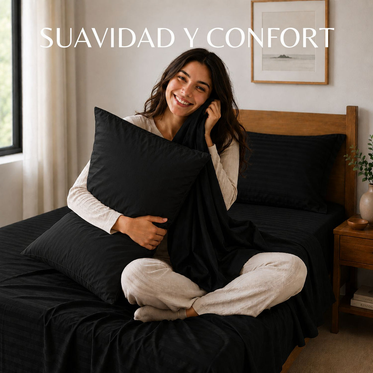 Combo Juego de Sábanas y Almohada Negro para Colchón Sencillo 100 X 190 Cm Fondo Entero Con Elastico para la Sábana