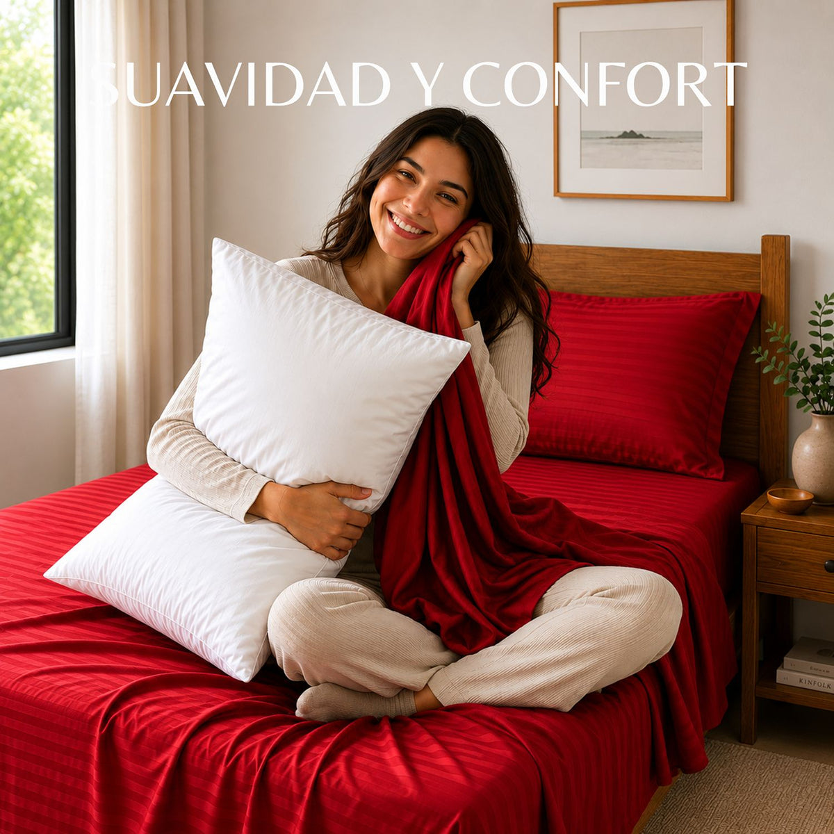 Combo Juego de Sábanas y Almohada Rojo para Colchón Sencillo 100 X 190 Cm Fondo Entero Con Elastico para la Sábana