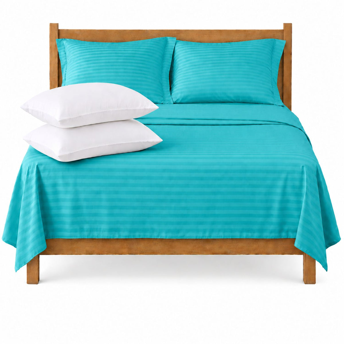 Combo Juego de Sábanas y Almohada Turquesa para Colchón Doble 140 X 190 Cm Fondo Entero Con Elastico para la Sábana