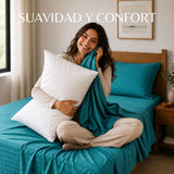 Combo Juego de Sábanas y Almohada Turquesa para Colchón Doble 140 X 190 Cm Fondo Entero Con Elastico para la Sábana