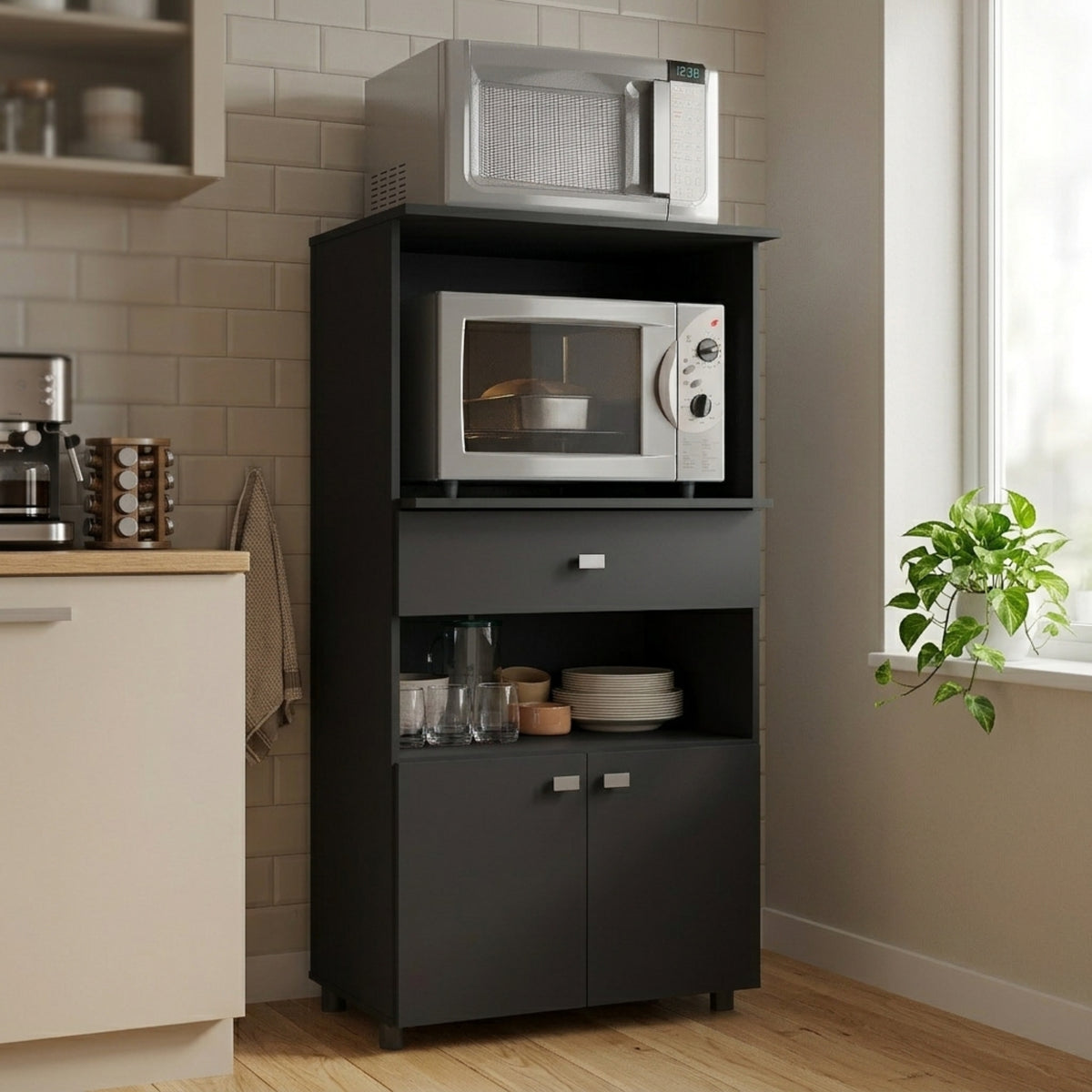 Mueble Microondas Capri Negro 62x122cm con Dos Puertas y Un Cajón